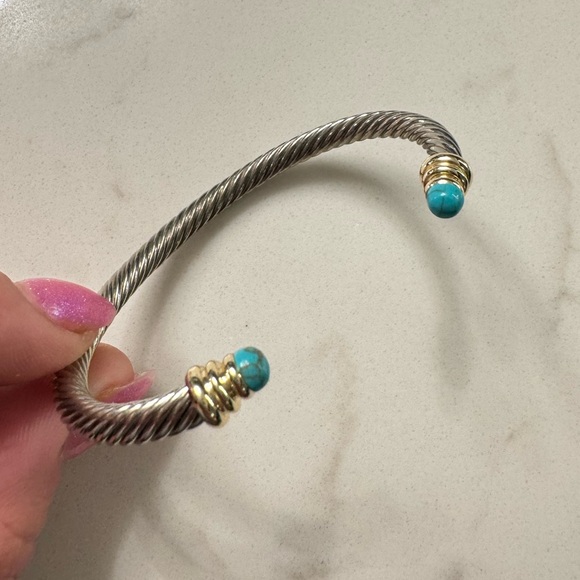 Two Tone Cable Bracelet with Open Cuff Faux Turquoise Silver Tone and Gold Tone - Picture 3 of 9